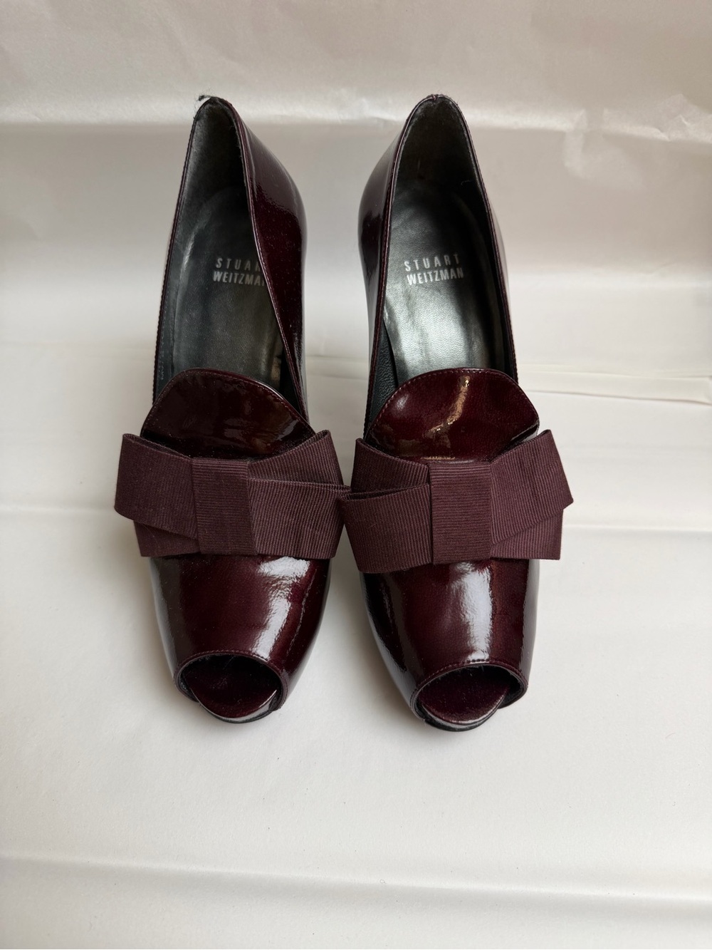 Stuart Weitzman Burgundy Patent Peep-Toe Pumps with Grosgrain Bow